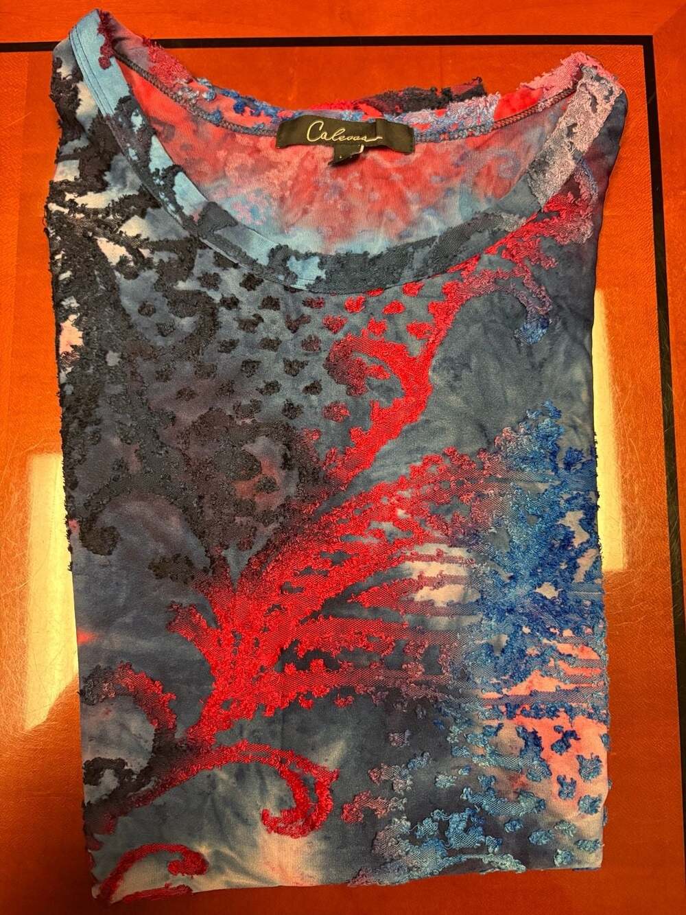 Calessa Burnout Textured Tie Dye Mesh Top Multi Color Boho Chic Size XL